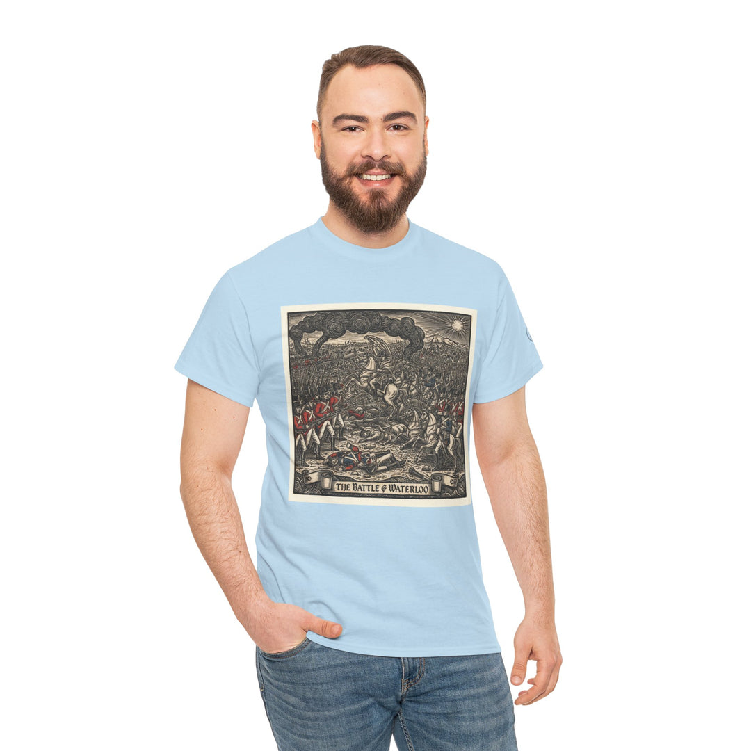 Light blue t-shirt with "Battle of Waterloo" historical illustration by S&amp;W Gallus, styled with blue jeans and a smiling model.