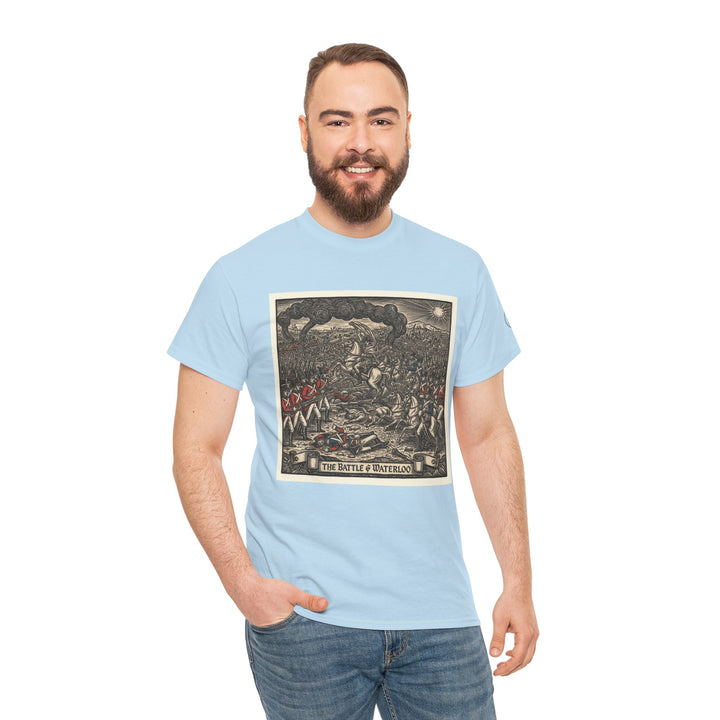 Light blue t-shirt with "Battle of Waterloo" historical illustration by S&amp;W Gallus, styled with blue jeans and a smiling model.