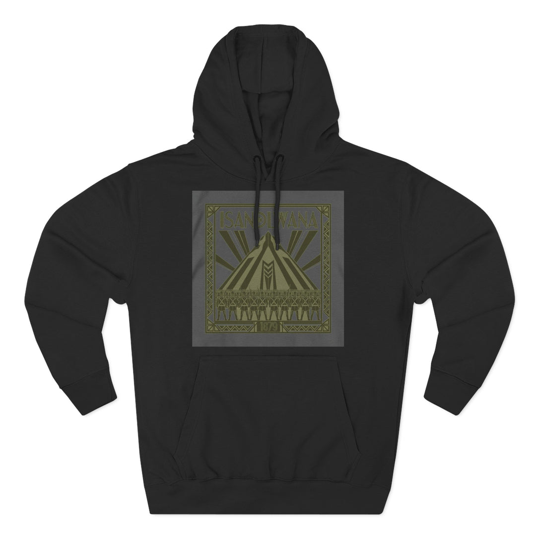 Black hoodie by S&amp;W Gallus with a graphic print of the Isandlwana mountain.