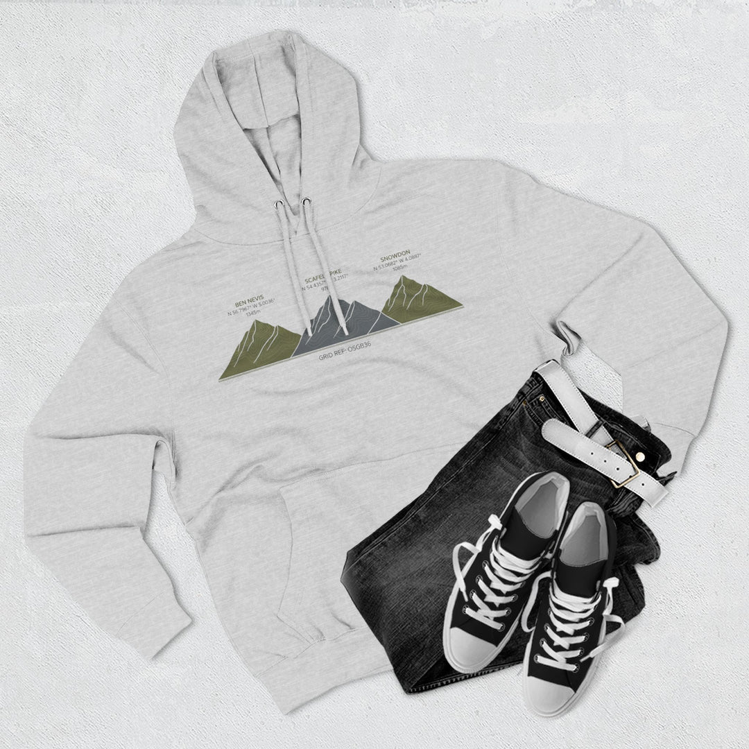 Three Peaks Challenge Graphic Hoodie — Retro UK Mountain Heritage Pullover