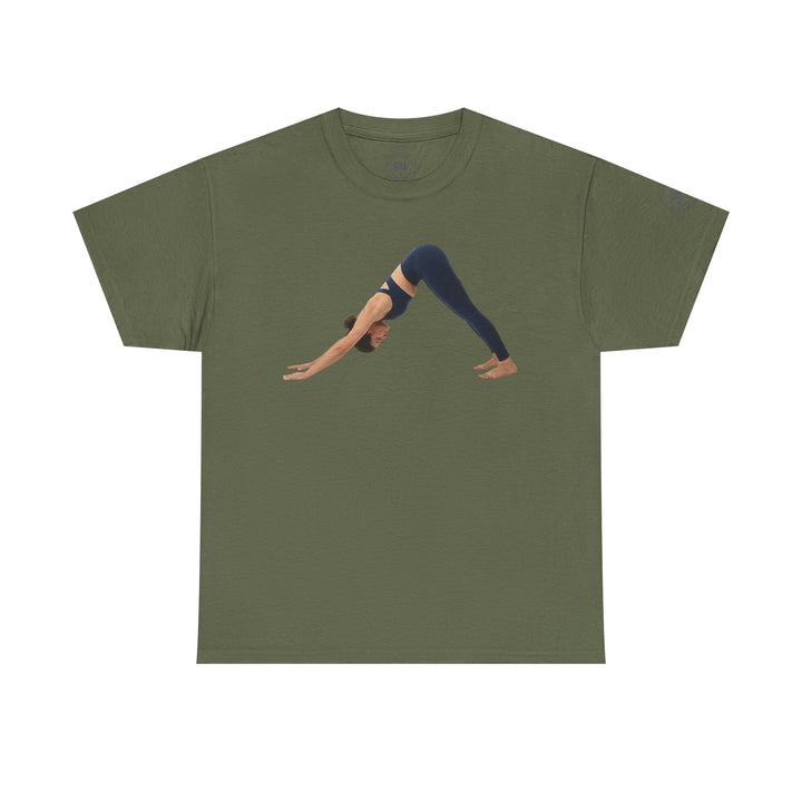 Olive green t-shirt by S&amp;W Gallus, featuring a woman in downward dog yoga pose.
