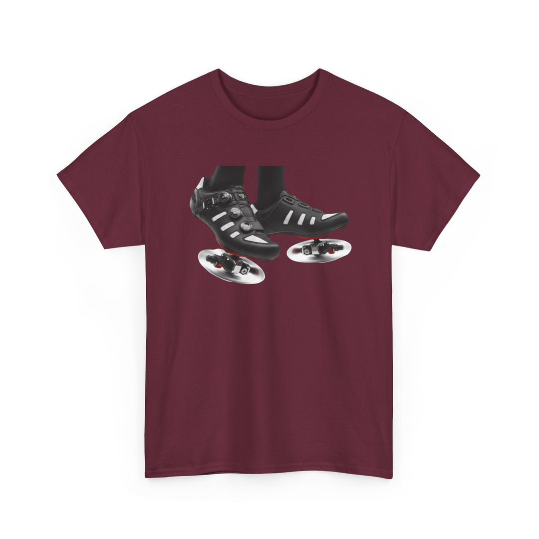 Spin Shoes Tee – soft, breathable cotton featuring a cycling shoes graphic. Perfect for spin classes, indoor workouts, and casual activewear.