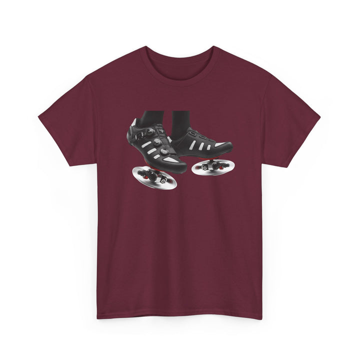 Spin Shoes Tee – soft, breathable cotton featuring a cycling shoes graphic. Perfect for spin classes, indoor workouts, and casual activewear.