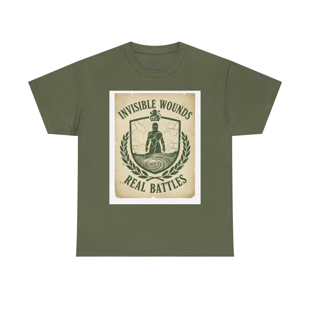 Olive green t-shirt by S&amp;W Gallus with a central graphic print of a shield and "Invisible Wounds Real Battles" text.