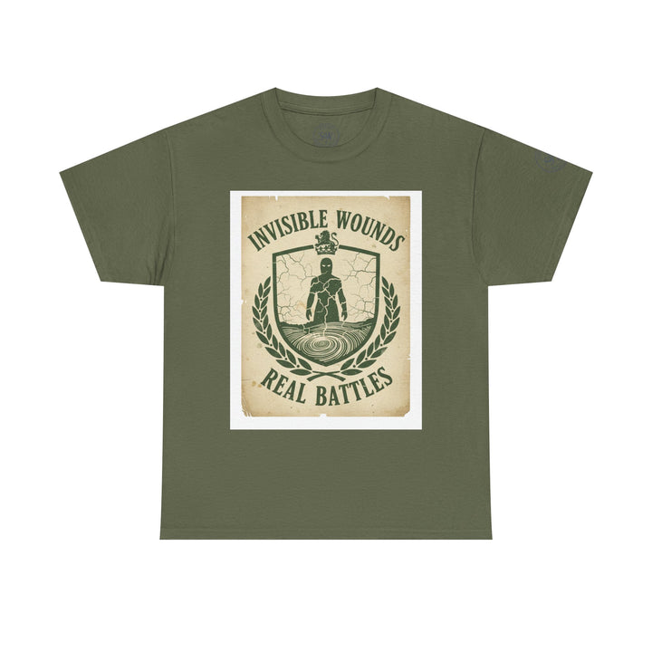 Olive green t-shirt by S&amp;W Gallus with a central graphic print of a shield and "Invisible Wounds Real Battles" text.