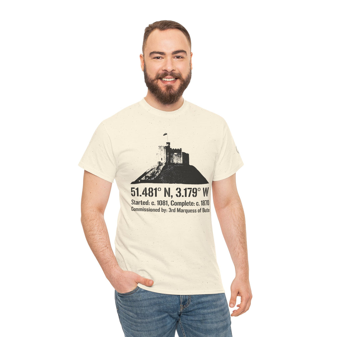 Graphic tee by S&amp;W Gallus featuring Cardiff Castle, paired with casual jeans on a smiling model.
