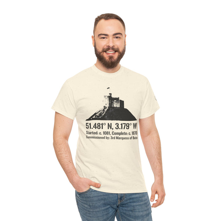 Graphic tee by S&amp;W Gallus featuring Cardiff Castle, paired with casual jeans on a smiling model.