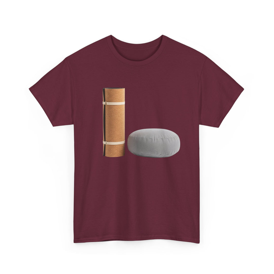 Mat &amp; Meditation Cushion Tee – soft, breathable cotton featuring a yoga-inspired design. Perfect for meditation, studio practice, or mindful everyday wear.