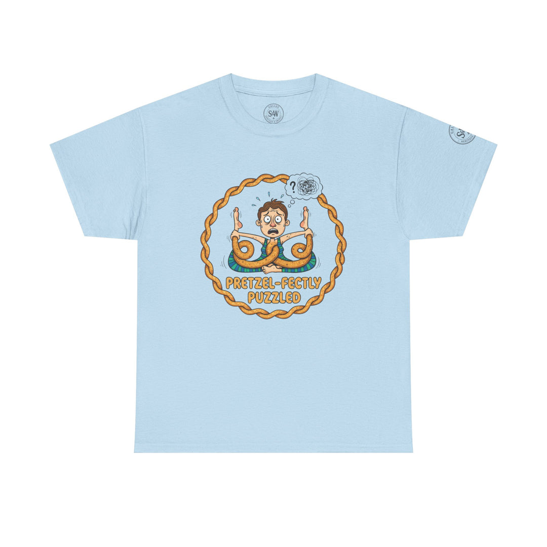 Light blue t-shirt by S&amp;W Gallus with a cartoon of a pretzel-tied yoga practitioner in a rope circle.