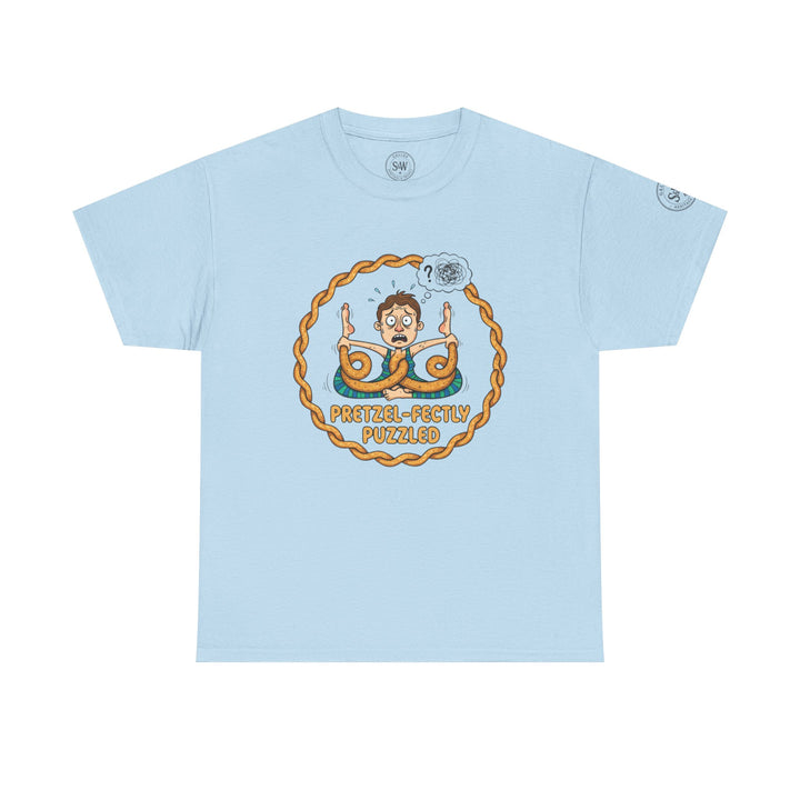 Light blue t-shirt by S&amp;W Gallus with a cartoon of a pretzel-tied yoga practitioner in a rope circle.