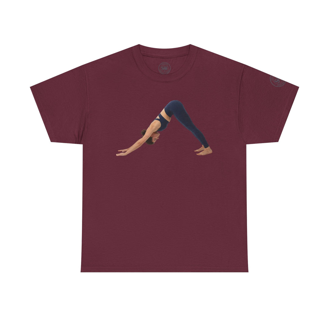 Maroon t-shirt with a yoga pose graphic by S&amp;W Gallus, featuring the brand&