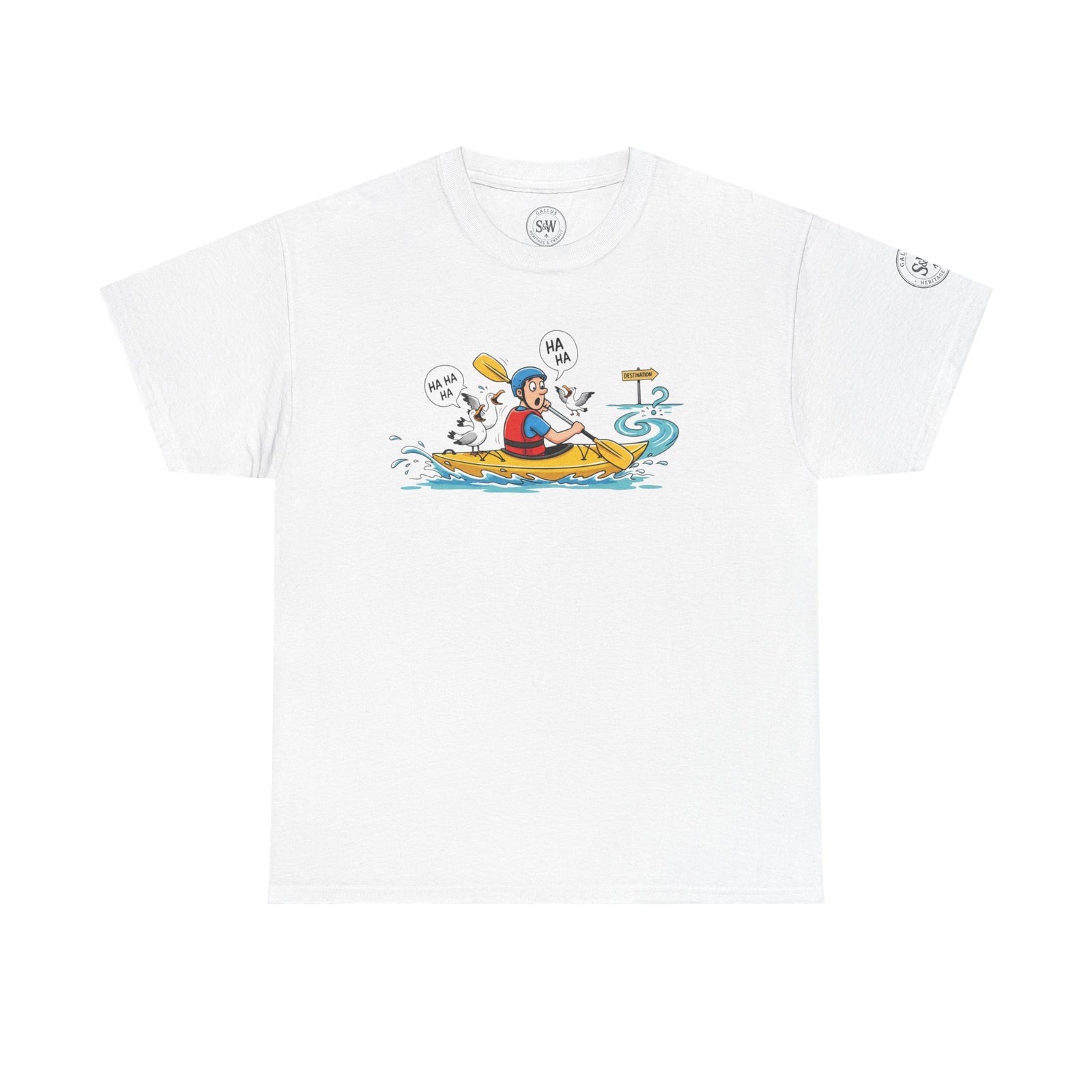 White Kayak Cartoon Tee by S&W Gallus featuring a man in a kayak being laughed at by seagulls.