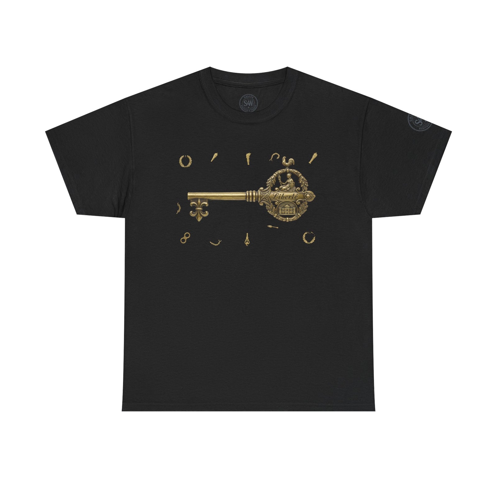 Black t-shirt by S&W Gallus featuring a golden key and charms graphic on the front.