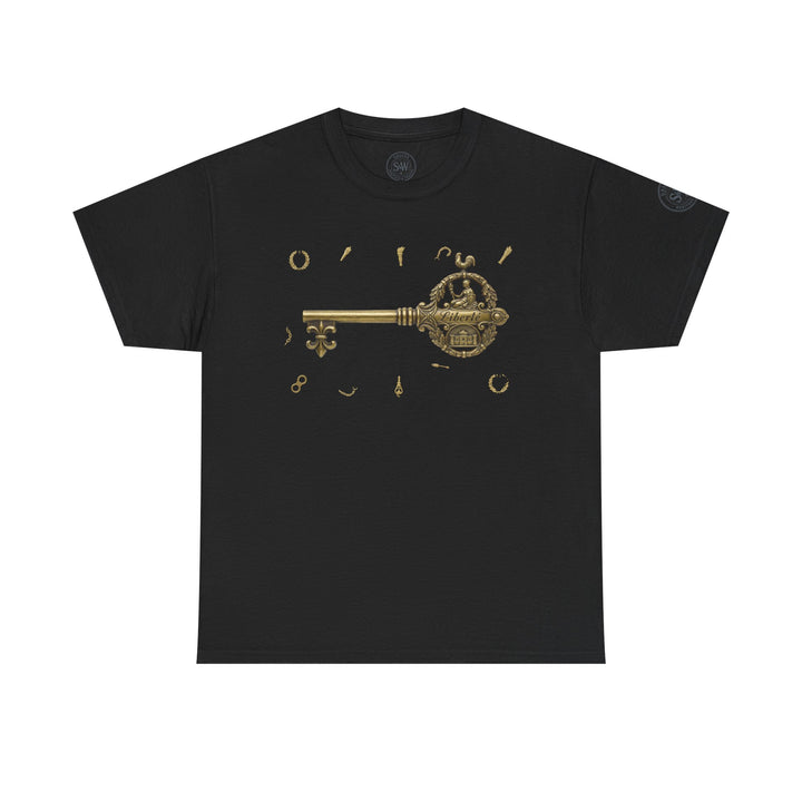 Black t-shirt by S&amp;W Gallus featuring a golden key and charms graphic on the front.