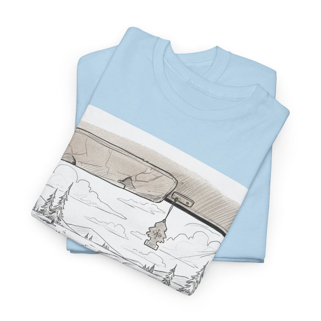 Scenic Drive Van Illustration Tee – soft cotton with a detailed van and landscape design. Perfect for road trips, outdoor adventures, and casual wear.
