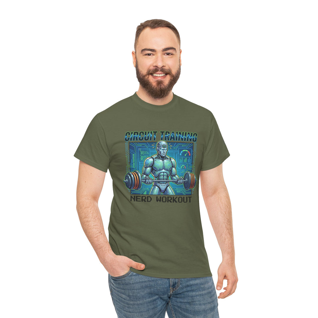 Olive green graphic tee by Veteran owned featuring a circuit training robot graphic, worn with jeans.