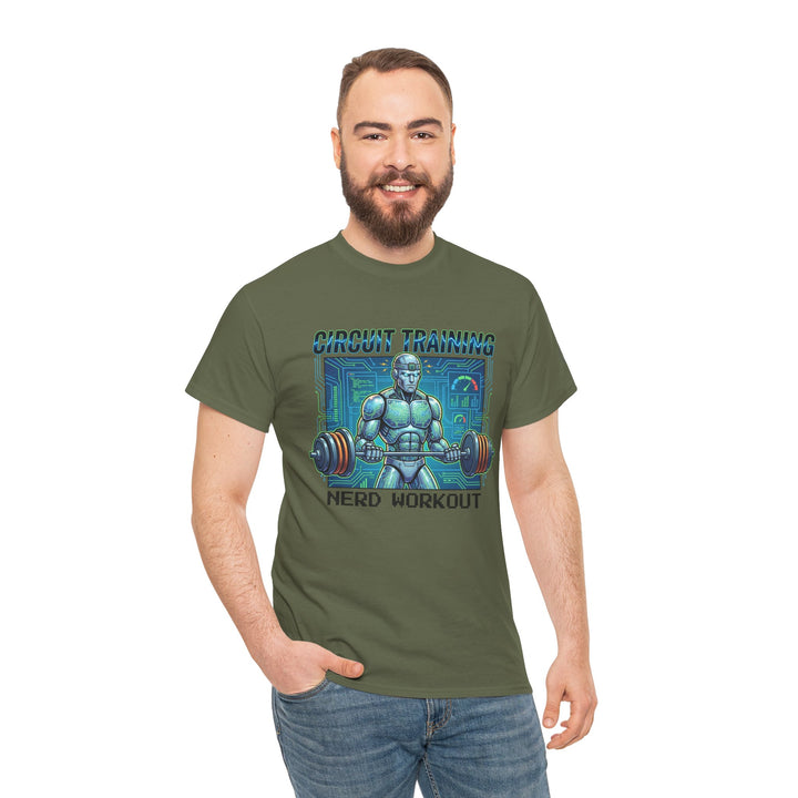 Olive green graphic tee by Veteran owned featuring a circuit training robot graphic, worn with jeans.