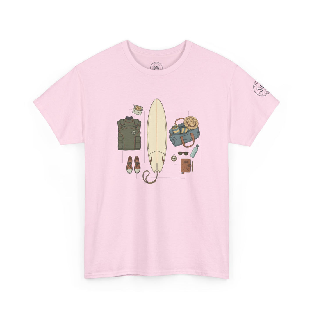 Pink surf trip gear t-shirt by S&amp;W Gallus with a surfboard and surfing gear graphic.