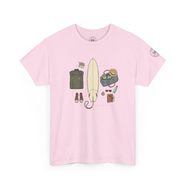 Pink surf trip gear t-shirt by S&amp;W Gallus with a surfboard and surfing gear graphic.