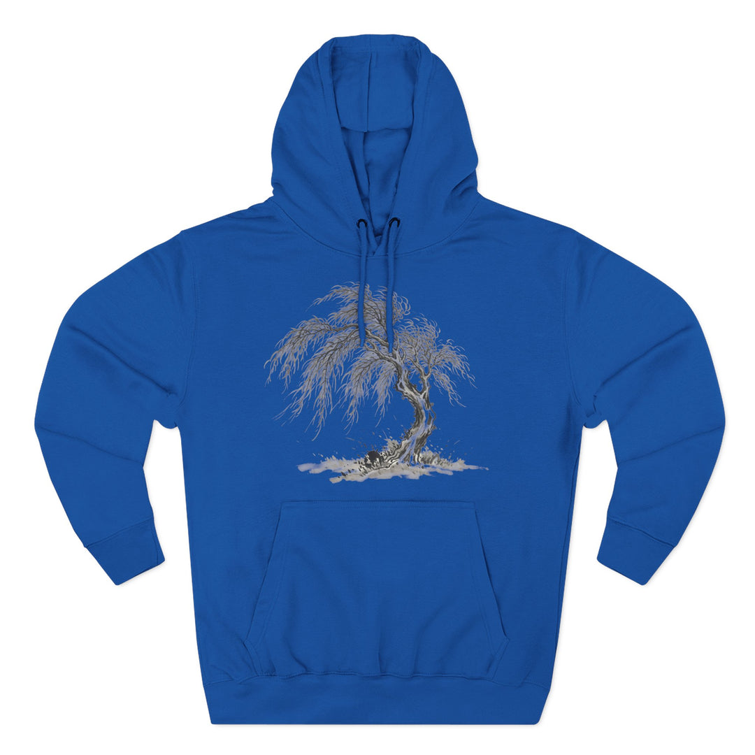 Blue hoodie by S&amp;W Gallus with a tree illustration, kangaroo pocket, and drawstring hood.