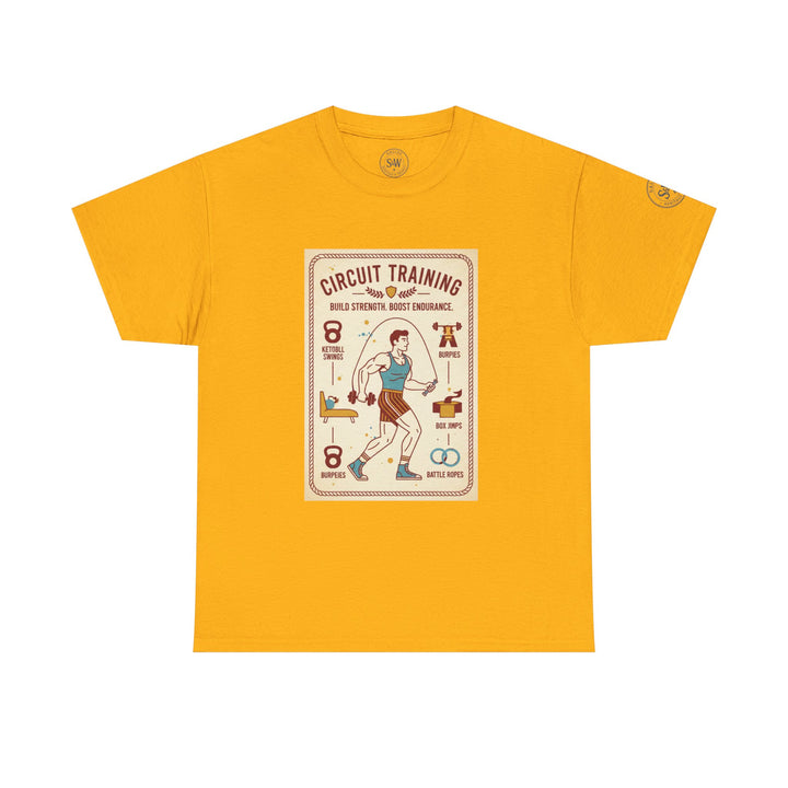 Mustard yellow t-shirt by S&amp;W Gallus, featuring a circuit training graphic with fitness illustrations.
