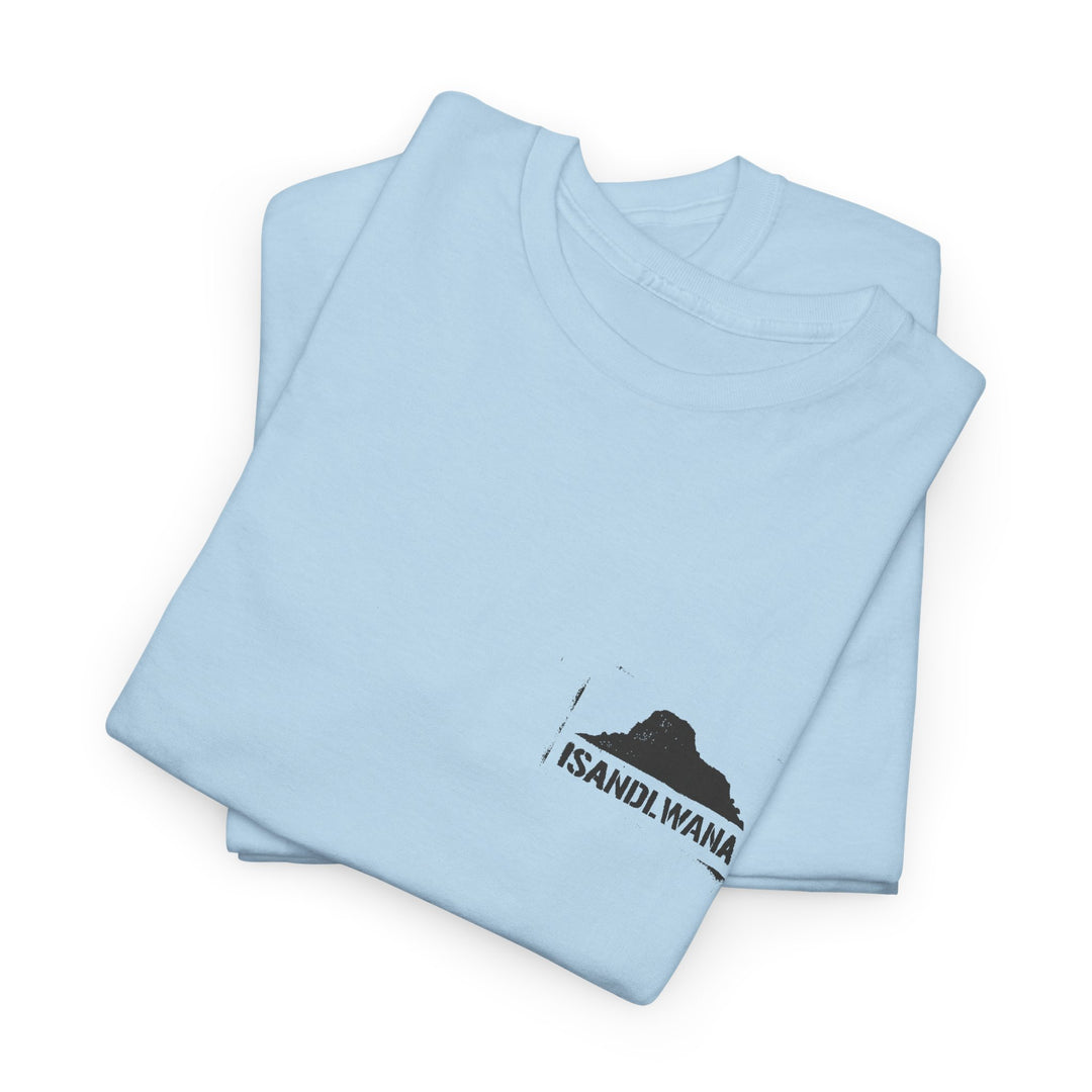 Minimal Rorke’s Drift landscape tee with “Isandlwana Over My Heart” design. Subtle Anglo-Zulu War tribute for true history enthusiasts.