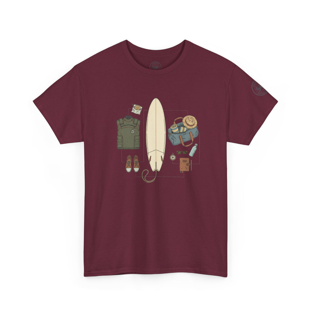 Maroon t-shirt with surf gear graphic by S&amp;W Gallus, including a surfboard, duffel bag, wetsuit, and shoes.