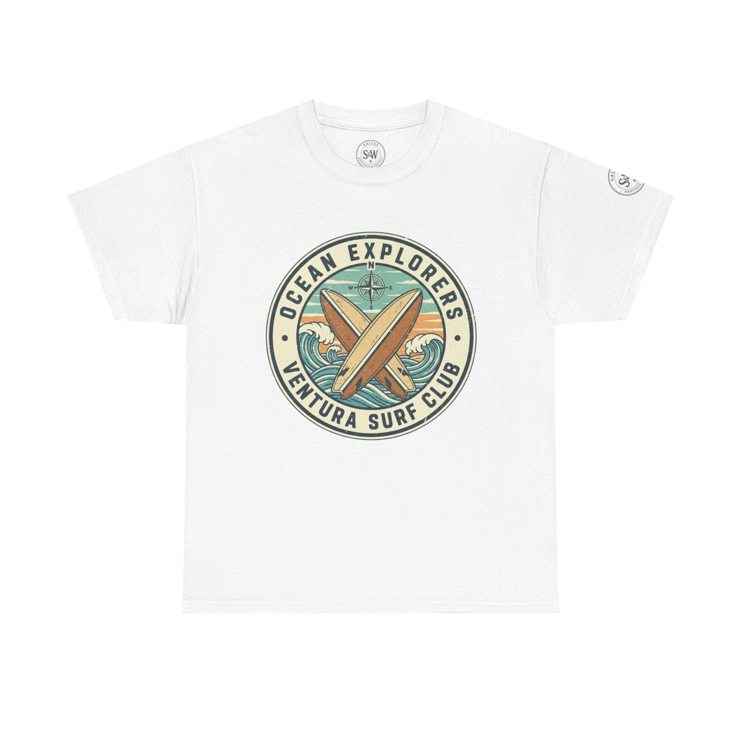 White Ventura Surf Club T-shirt by S&amp;W Gallus, featuring a compass rose and surfboard graphic on the chest.