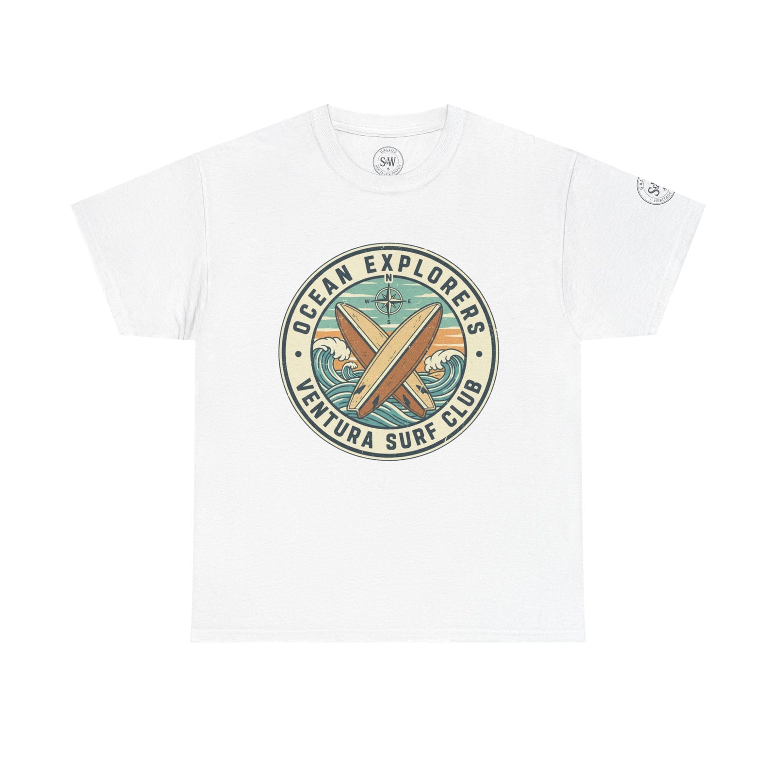 White Ventura Surf Club T-shirt by S&W Gallus, featuring a compass rose and surfboard graphic on the chest.