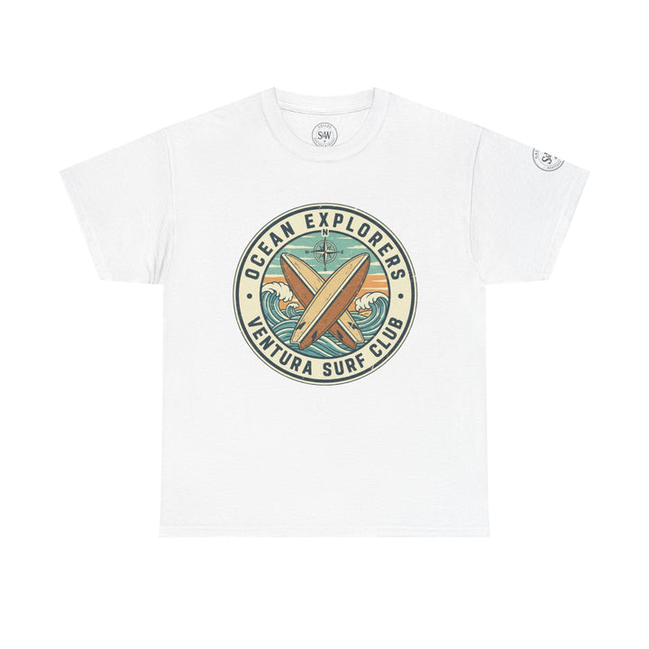 White Ventura Surf Club T-shirt by S&amp;W Gallus, featuring a compass rose and surfboard graphic on the chest.