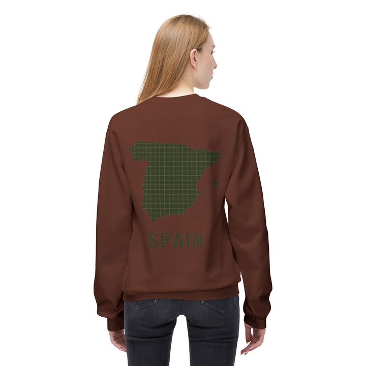 Spain Map Crewneck Sweatshirt — Military Green Grid Spain Graphic