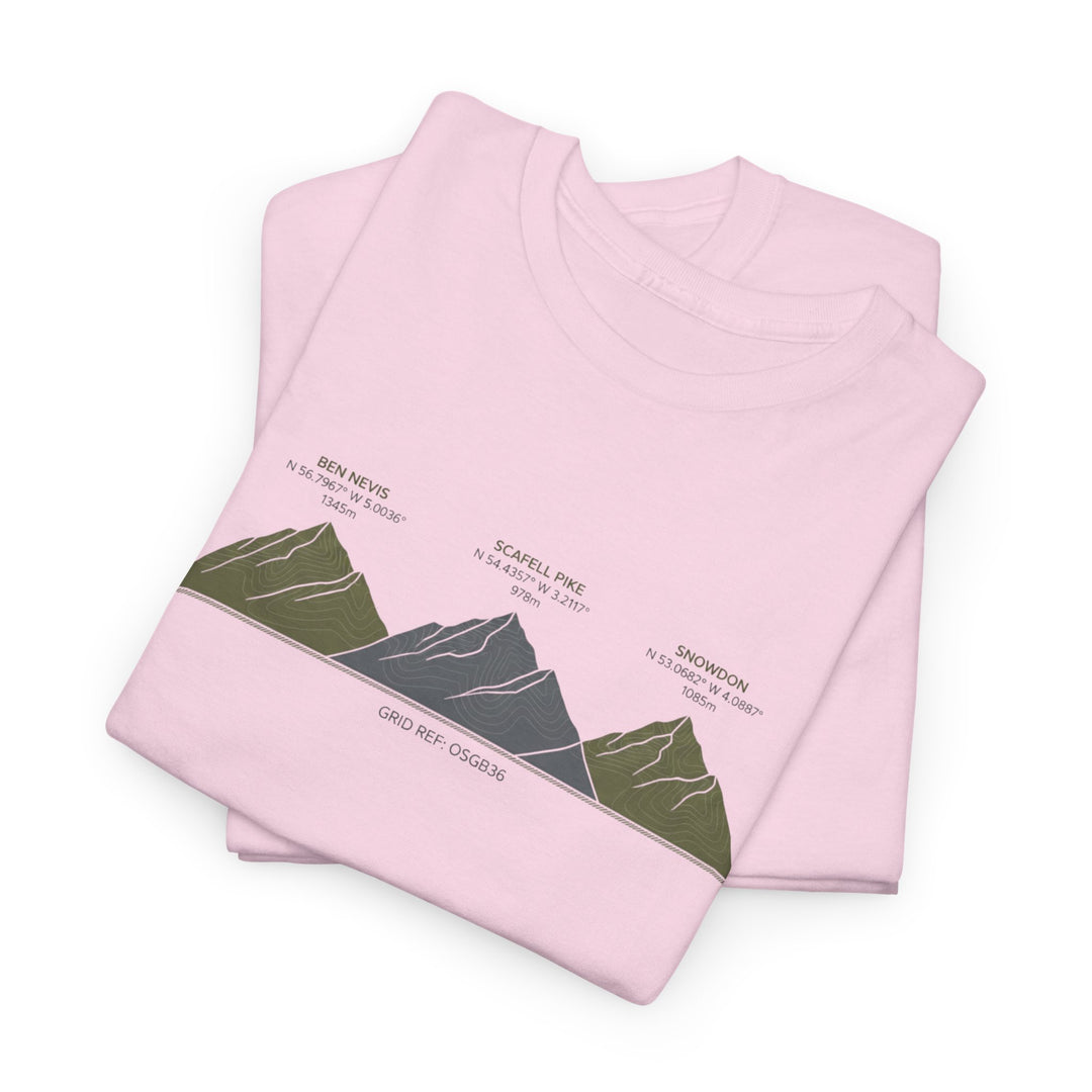 Three Peaks Challenge Graphic T-Shirt — Retro UK Mountain Hiking Tee