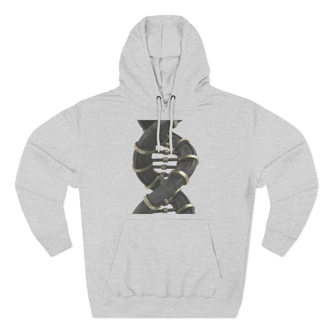 Gray hoodie by S&amp;W Gallus featuring a piping DNA helix design on the chest with matching drawstring hood.