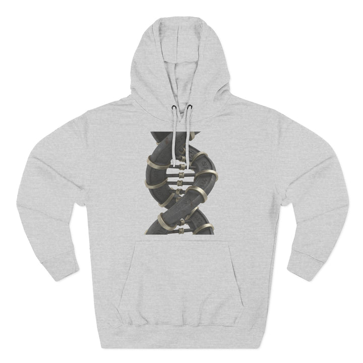 Gray hoodie by S&amp;W Gallus featuring a piping DNA helix design on the chest with matching drawstring hood.