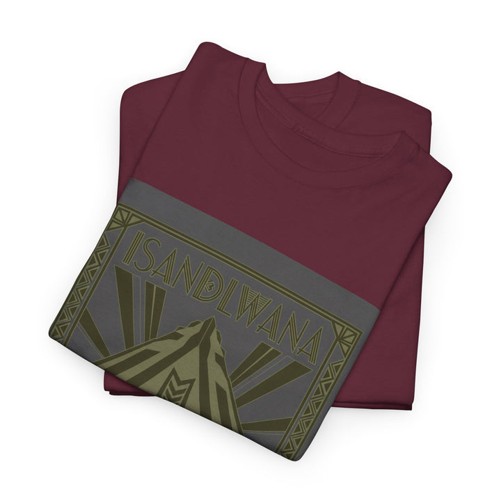 Isandlwana Festival Tee featuring bold “M” pyramid graphic. Outdoor music shirt inspired by iconic landscape vibes.