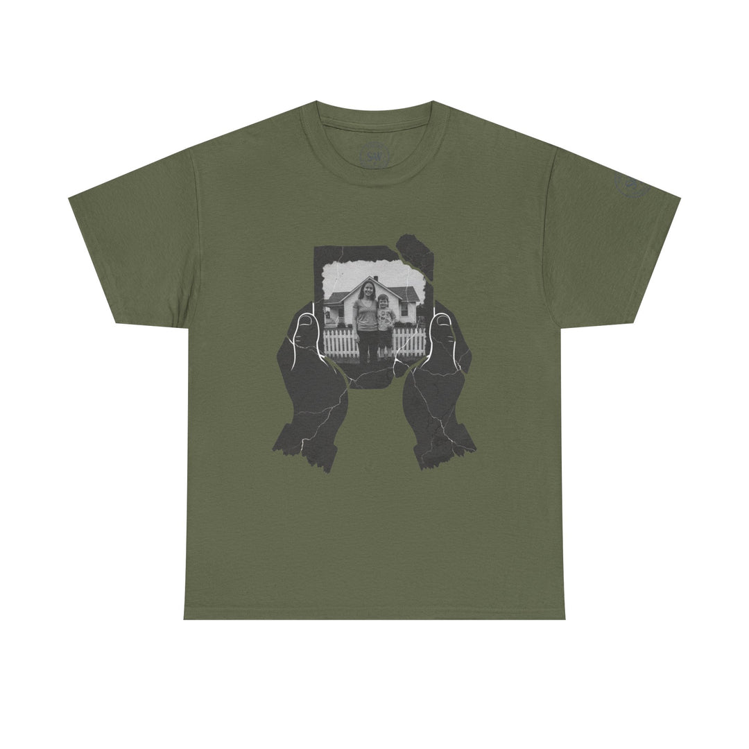 Olive-green tee shirt by S&amp;W Gallus featuring hands holding a torn photograph of a woman and child in front of a house.