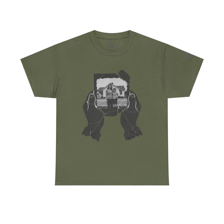 Olive-green tee shirt by S&amp;W Gallus featuring hands holding a torn photograph of a woman and child in front of a house.