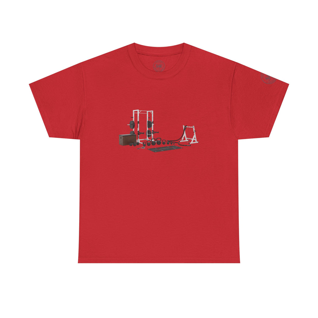 Red t-shirt by S&amp;W Gallus featuring a circuit set illustration on the front.