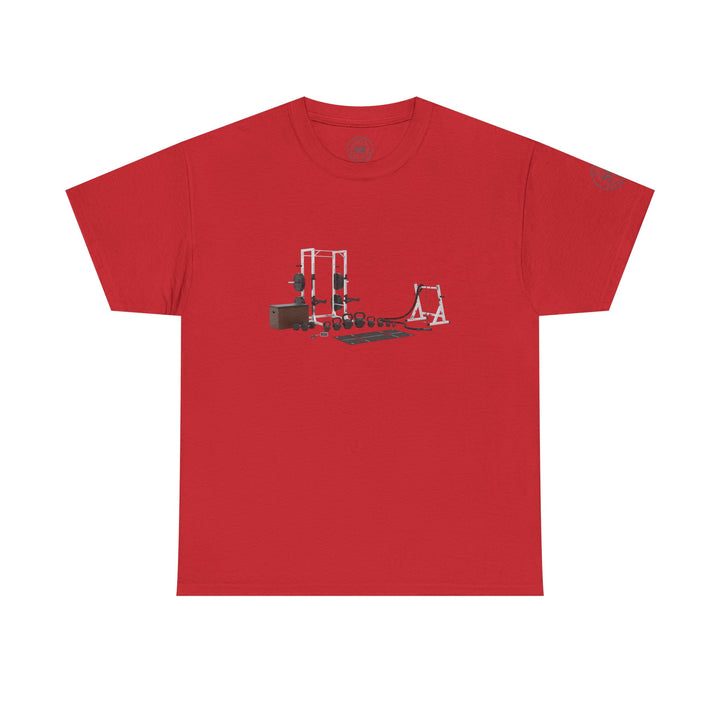 Red t-shirt by S&amp;W Gallus featuring a circuit set illustration on the front.