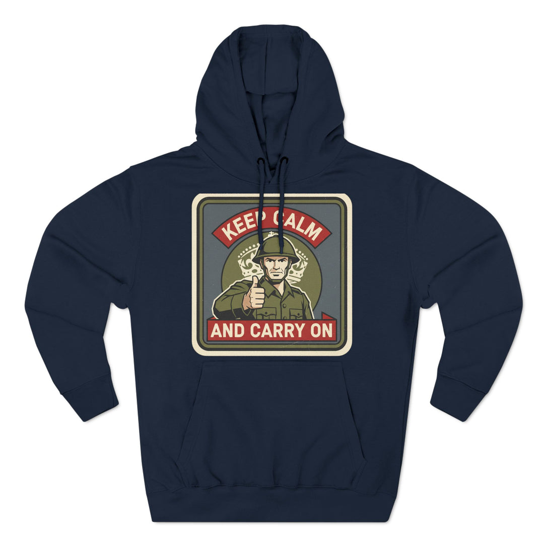 Navy hoodie by S&amp;W Gallus featuring a "Keep Calm and Carry On" graphic on the chest.
