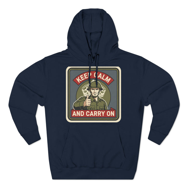 Navy hoodie by S&amp;W Gallus featuring a "Keep Calm and Carry On" graphic on the chest.