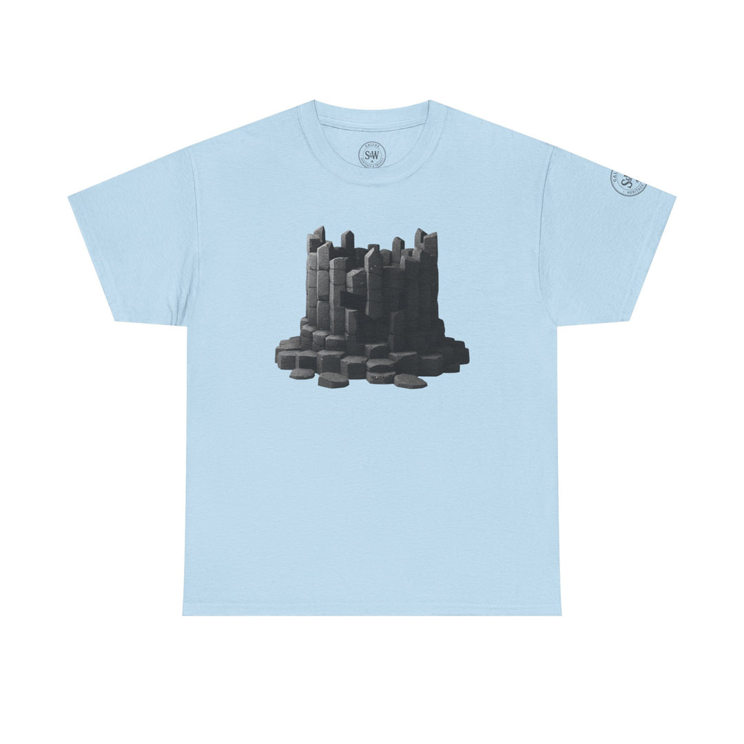 Light blue t-shirt by S&amp;W Gallus featuring a graphic of a basalt crown and the brand logo on the sleeve.
