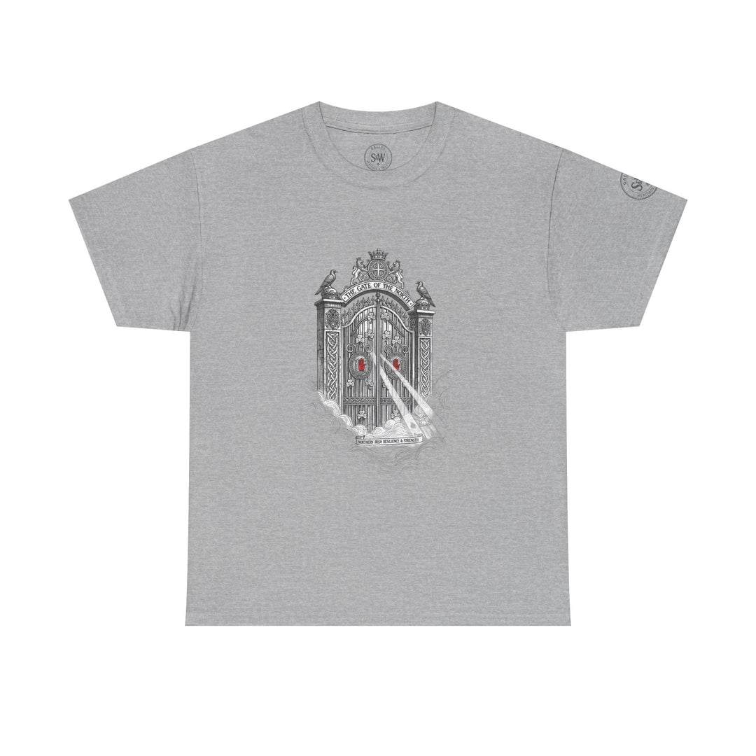 Gray graphic t-shirt by S&amp;W Gallus, featuring the Gate of the North graphic in black and red.