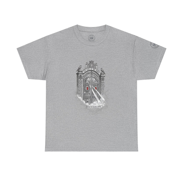 Gray graphic t-shirt by S&amp;W Gallus, featuring the Gate of the North graphic in black and red.