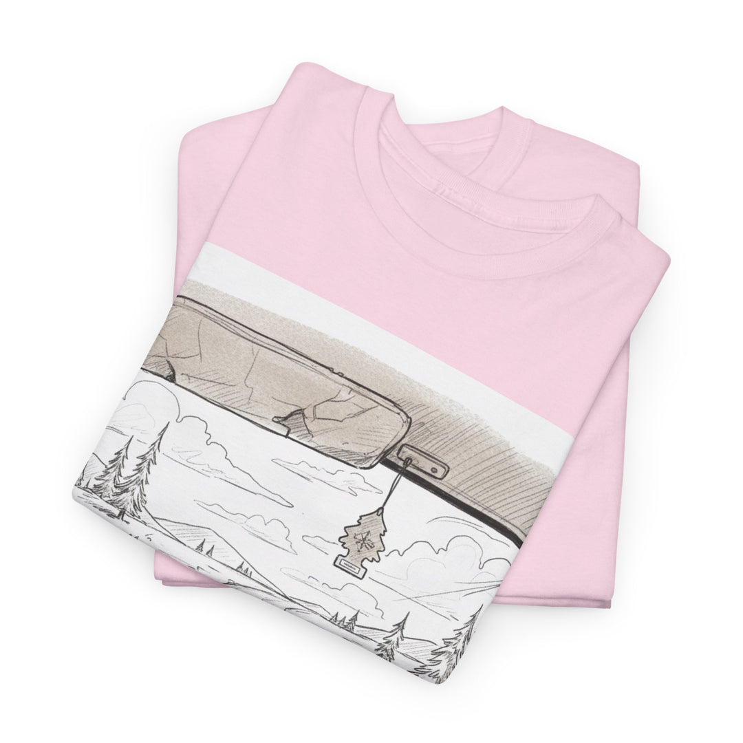 Scenic Drive Van Illustration Tee – soft cotton with a detailed van and landscape design. Perfect for road trips, outdoor adventures, and casual wear.