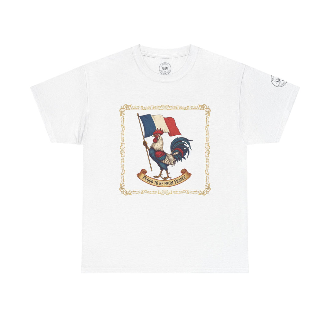 White "Proud to Be From France" T-shirt from S&amp;W Gallus, featuring a rooster and French flag graphic.