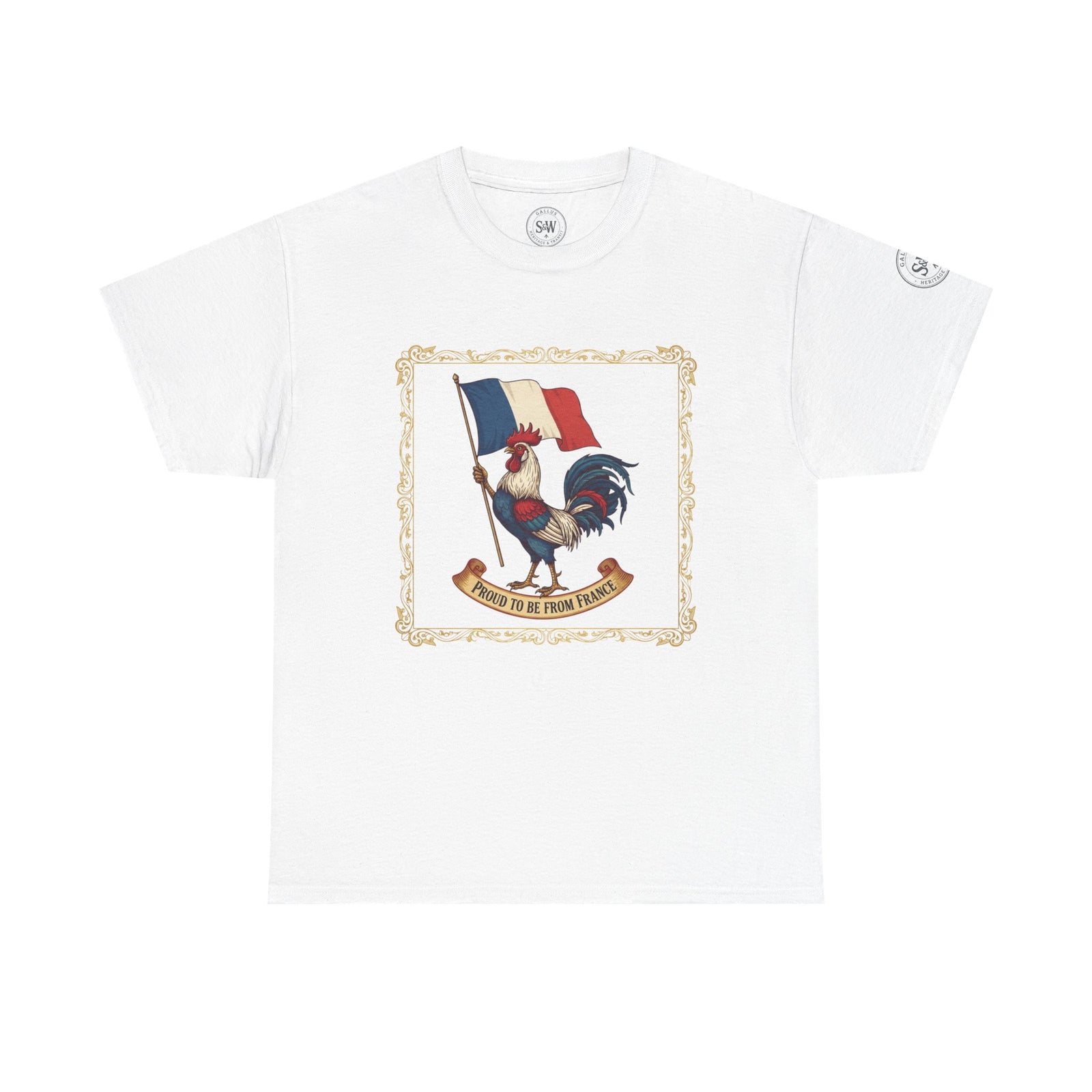 White "Proud to Be From France" T-shirt from S&W Gallus, featuring a rooster and French flag graphic.
