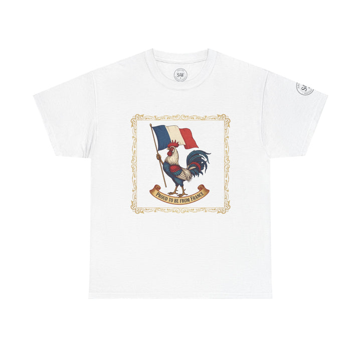 White "Proud to Be From France" T-shirt from S&amp;W Gallus, featuring a rooster and French flag graphic.