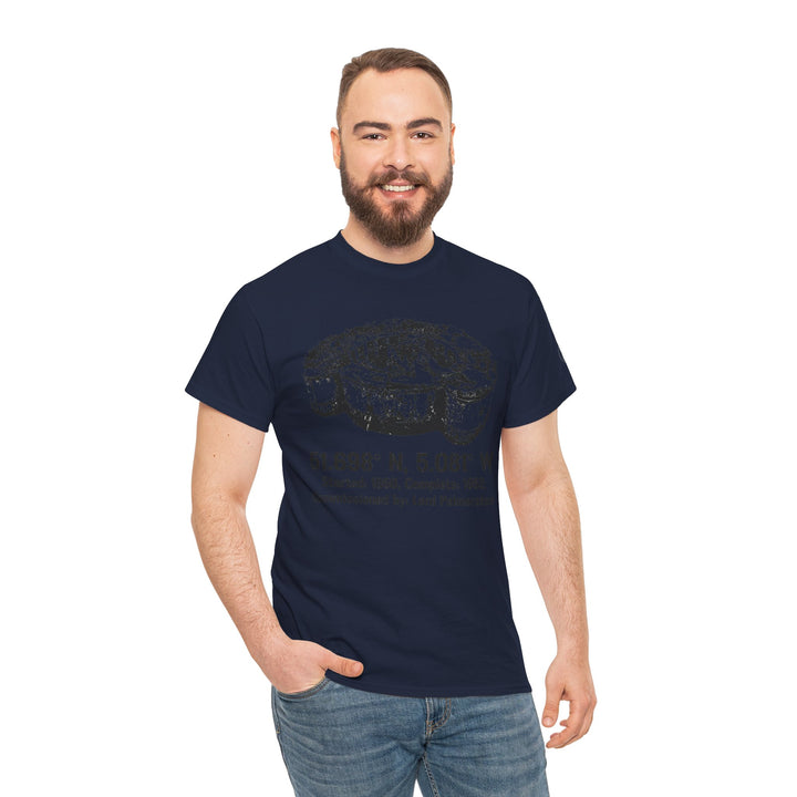 Navy t-shirt with Stack Rock Fort graphic by S&amp;W Gallus, worn with blue jeans.