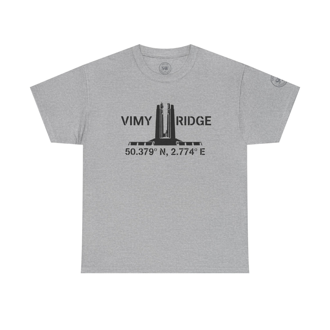 Gray WW1 Vimy Ridge T-shirt by S&amp;W Gallus, featuring the Vimy Memorial monument and coordinates.
